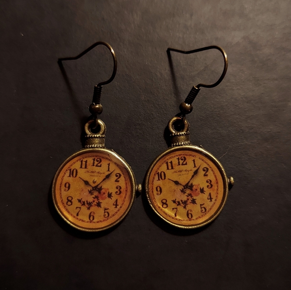Handmade 1½ in. Dark Bronze Steampunk Clock Earrings w/ floral design